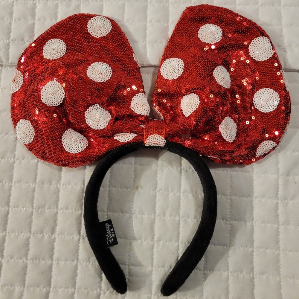 Disney Handmade Shimmering Minnie Mouse Red White Polka Dot Sequin Bow Headband
